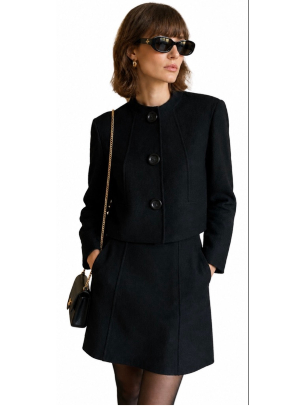 Celine Black Wool Blend Cropped Blazer Jacket & Matching Dress 10 French Luxury